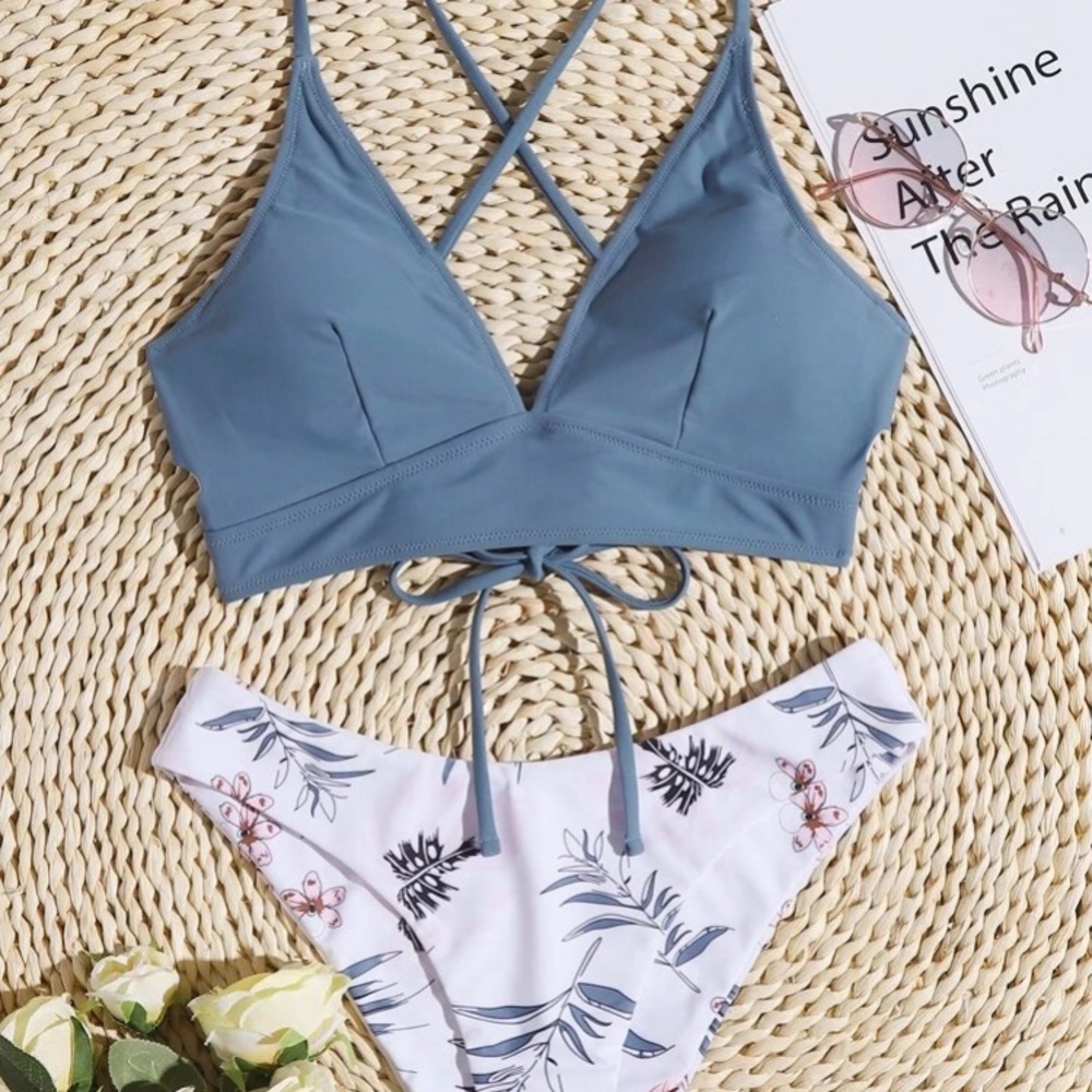 New Blue & White Small Floral Bikini Top & Bottom